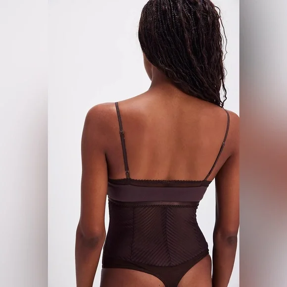 Free People Intimately Night After Night Mesh Sheer Striped Cut Out Bodysuit